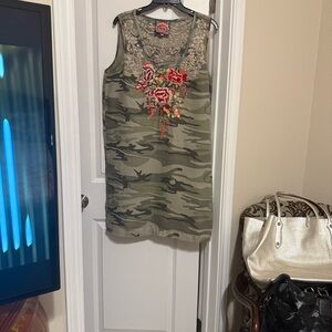 Johnny Was Olive Dress with Pink Floral Embroidery